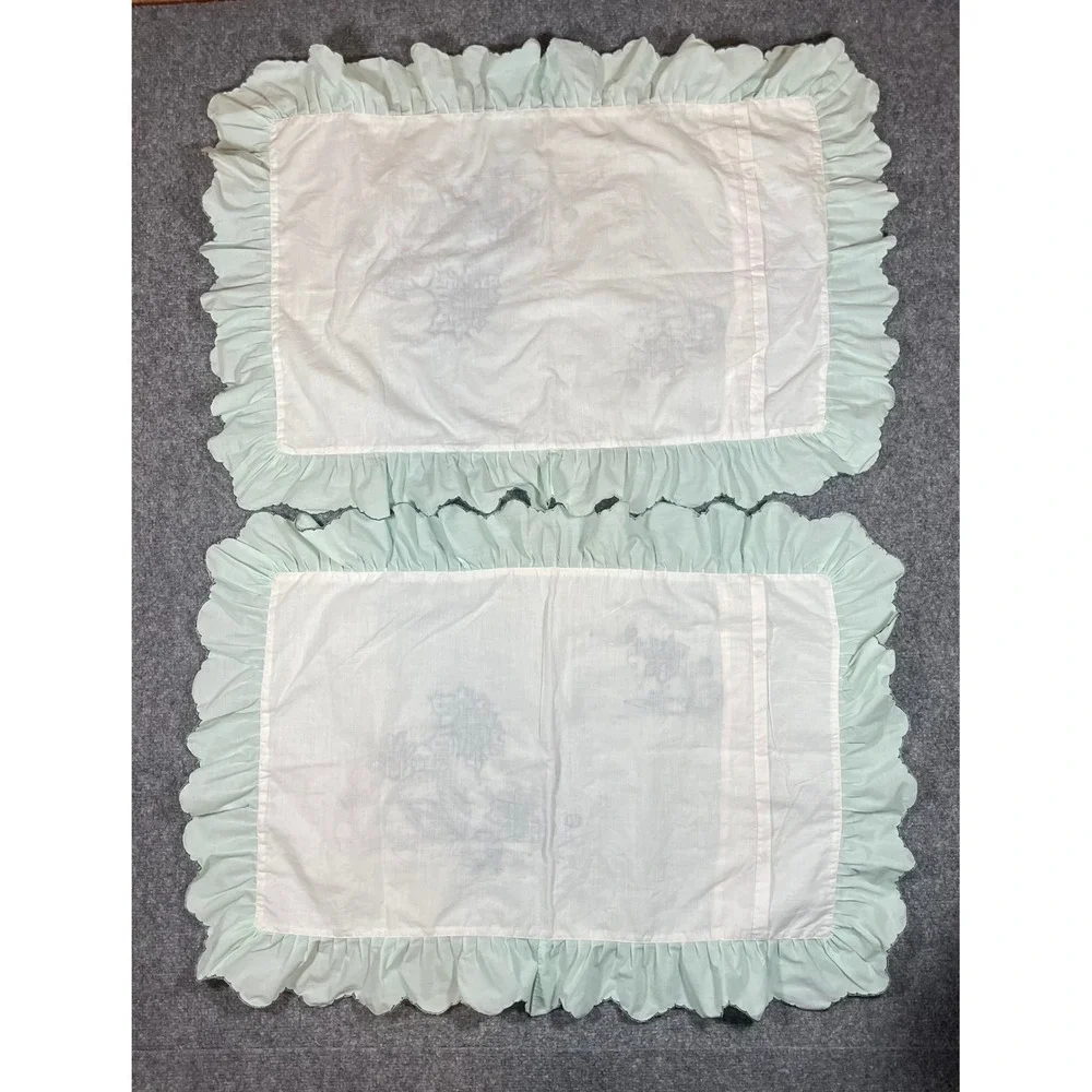Vintage Pillow Shams Set of 2 Standard Mint Green Floral Embroidered Ruffled